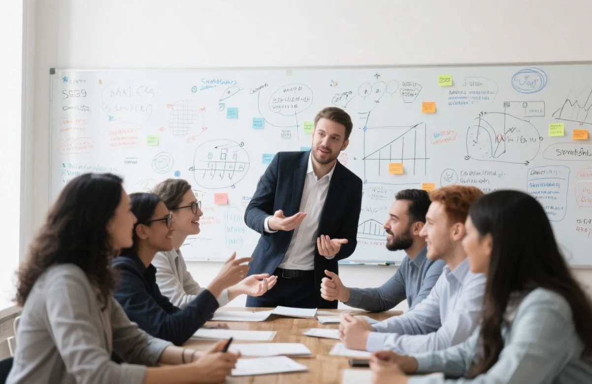 一群人围坐在一起讨论和交流想法，白板上写满了策略图表和笔记